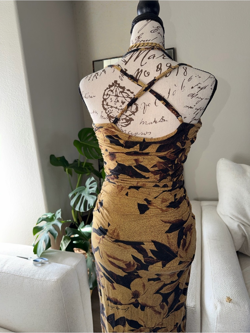 AllSaints Mustard and Black Floral Maxi Dress with Tie Front - Picture 2 of 14